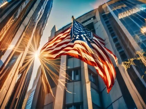 an american flag flying in front of a tall building
