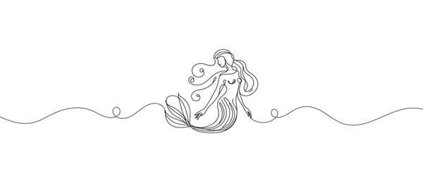 Fototapeta premium Continuous one line drawing of a mermaid. graphic illustration of a drawing of a mythical creature