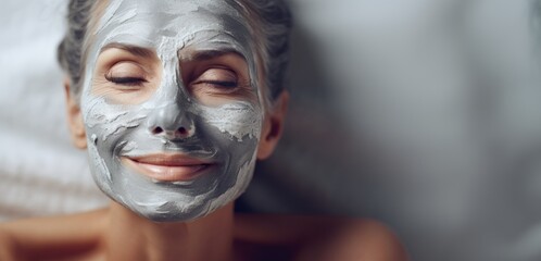 A beautiful elderly gray-haired woman with a cosmetic nourishing moisturizing mask on her face smiles on a background with copy space. Facial skin care concept, beauty, care, cosmetology
