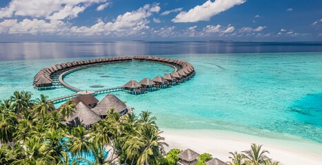 Maldives paradise island. Tropical aerial landscape, seascape panorama, water bungalows villas....