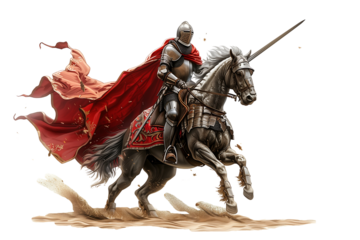 A knight riding a horse in full battle attire on a transparent background