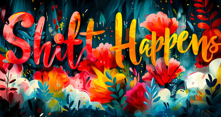 Shift Happens Colorful Floral Lettering Design with Vibrant Flowers and Leaves on Dark Background, Inspirational and Motivational Art for Positive Change, Modern Abstract Illustration