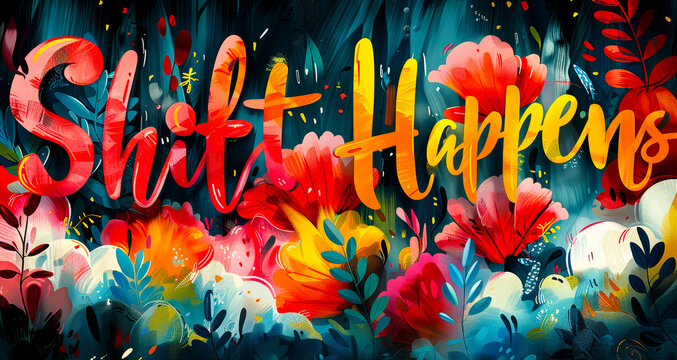 Shift Happens Colorful Floral Lettering Design with Vibrant Flowers and Leaves on Dark Background, Inspirational and Motivational Art for Positive Change, Modern Abstract Illustration
