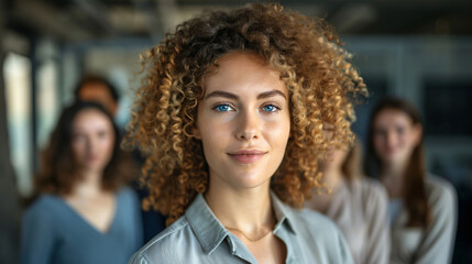 Fototapeta premium Confident professional woman with curly hair leading her team at work in a portrait