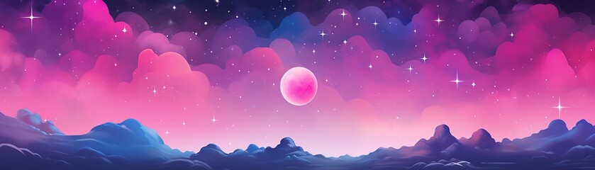 Dreamy cosmic landscape with colorful sky, stars, and a glowing pink moon hovering over misty mountains. A serene fantasy scene.