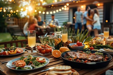 Evening light casts a warm glow on a dinner party with BBQ food and drinks on tables