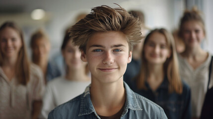 Obraz premium Happy teenage boy with stylish hair, standing in focus with his friends softly blurred behind him