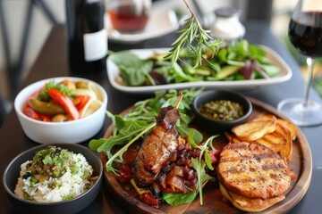 Elegant dining setup with succulent pork, vegetables, and a toast, paired with wine, perfect for a gourmet meal