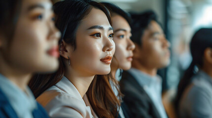 Young asian professionals attentively listening at a corporate event