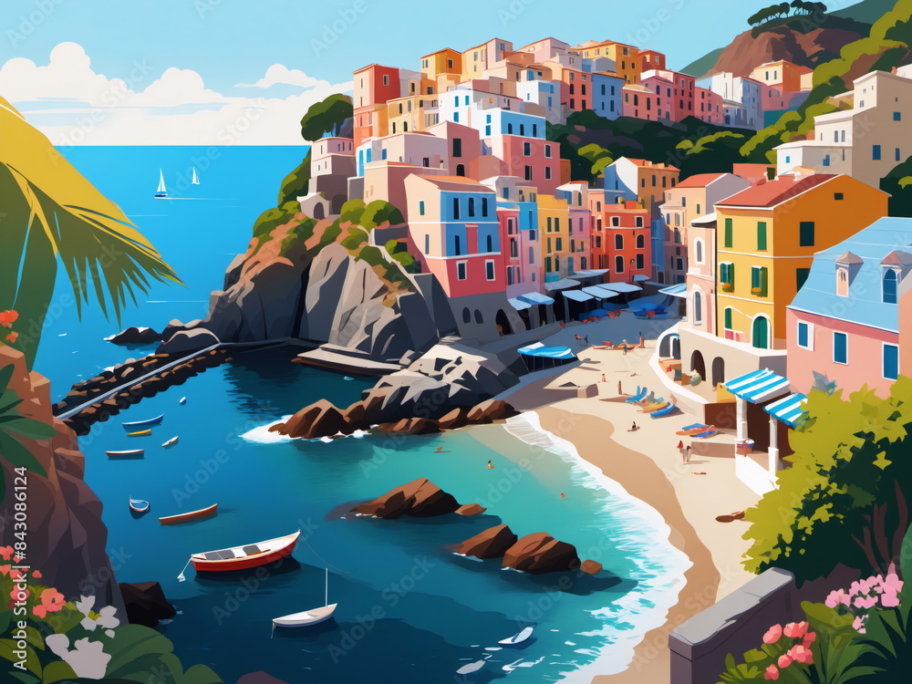 Wall mural beautiful picturesque seaside town near a mountain, inspired by cinque terre villages and riomaggior - Wall murals