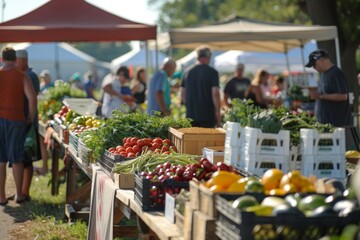 Fototapeta premium Colorful Farmer's Market with Fresh Produce Stands Promoting Healthy, Natural, Whole Foods Lifestyle