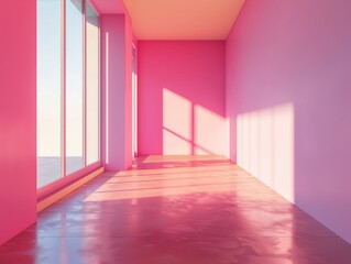 Bright pink room with sunlight streaming through the windows. The image depicts a vibrant and modern interior design with a cheerful atmosphere.