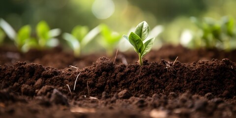 Fototapeta premium Close up of green sprout growing in soil. Nature background.