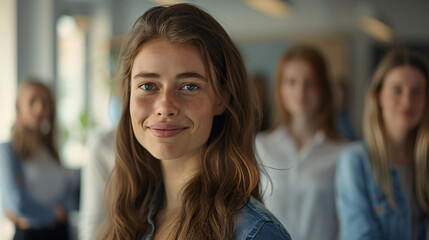 Fototapeta premium Portrait of a young woman confidently leading her team, with coworkers in the background