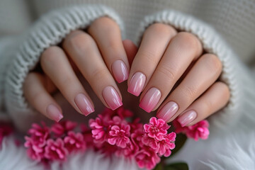 Fototapeta premium woman hands with elegant gradient pink colors manicure