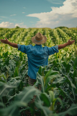 Rear view of farmer with outstretched arms on green corn field.