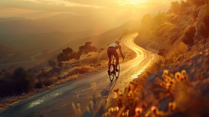 A cyclist rides along a winding road at sunset, capturing the beauty of outdoor adventure and evening light.
