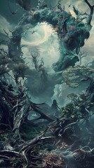 Twisted Organic Landscape of Surreal Fantasy and Dreamlike Atmosphere