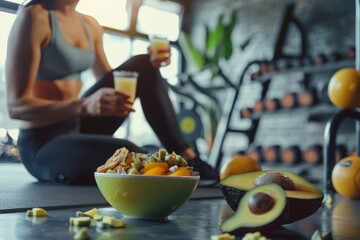 Fitness Enthusiast Enjoying Ketogenic Snack Post-Workout in Modern Gym Setting