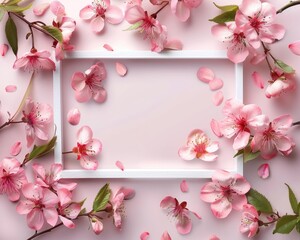 Fototapeta premium Cherry Blossom Card. Pink and White Flower Frame for Wedding Invitations and Greeting Cards