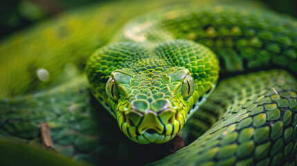 Obraz premium A close-up photo of a snake with piercing green eyes, its scales and fur blending with the surrounding jungle environment.