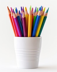 Pencils In A Cup. Bright and Colourful Art Collection on White Background