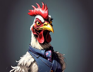 Raging Rooster. The bird's proud posture, intense eyes and striking red, white and blue crest exude strength, energy and a bold fighting spirit. Generative AI. The regal rooster is ideal for poultry