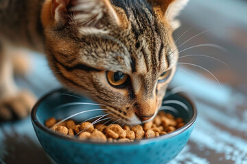 A cat is eating food from a bowl