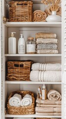 a white bathroom closet bathed in natural light, featuring neatly stacked towels, shelves adorned with a wicker basket filled with soaps and body lotions.