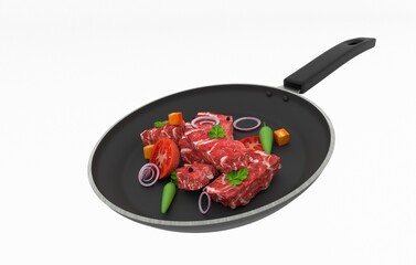Raw Meat and ingredients in a non-stick frying pan | Mutton | Beef | Chicken Cooking 3D render