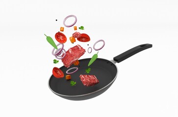 Tossing meat and vegetables with a frying pan - Fresh Organic Food Cooking 3D Rendering on white background
