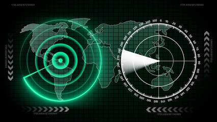 Obraz premium Global navigation concept . Illustration of scope scanning over world map with data processing with technology background.