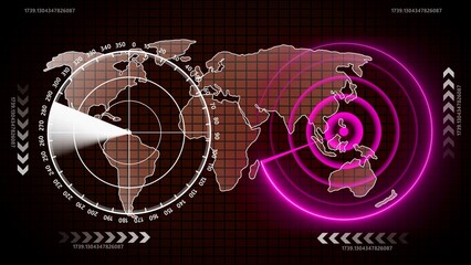 Obraz premium Global navigation concept . Illustration of scope scanning over world map with data processing with technology background.