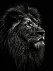 Black Lion Portrait. Majestic African Lion with Intense Eyes against Dark Background