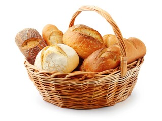 Bread Basket. Loaf, Baguette, Rolls in Wicker Basket. Assorted Variety of Bread on White Background