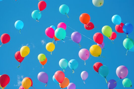 Bright and Colorful Balloon Release at Festival in Blue Sky