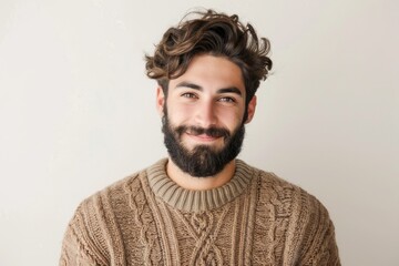 Obraz premium Front Face Man. Young Hispanic Adult Portrait with Beard Smiling Happily Against White Background