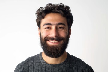 Fototapeta premium Front Face Man. Young Hispanic Man with Beard Smiling Happily in Casual Attire