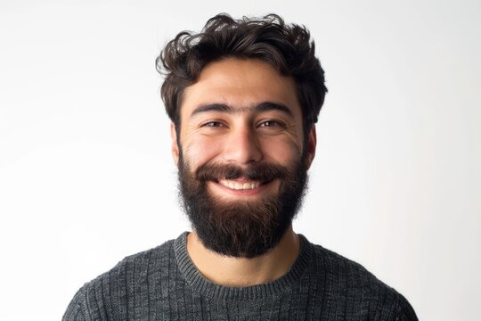 Front Face Man. Young Hispanic Man with Beard Smiling Happily in Casual Attire