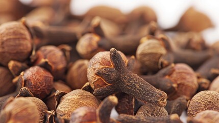 Obraz premium Organic clove spice texture closeup prior to drying on a white background Single clove bud commonly utilized for medicinal and culinary purposes