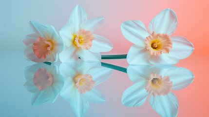 Fototapeta premium A lovely Narcissus flower stares at its reflection in a mirror against a soft blue and pink background. This image represents self-love and standing out from the crowd.