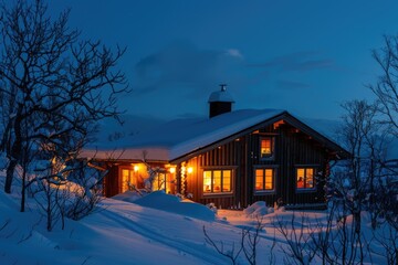 Winter Cottage. Cozy Scandinavian Chalet Covered in Snow at Ski Resort in Canada