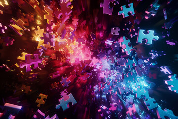 In an 8K display, neon-colored puzzle pieces explode and move rapidly towards the viewer, emerging from a pitch-black void