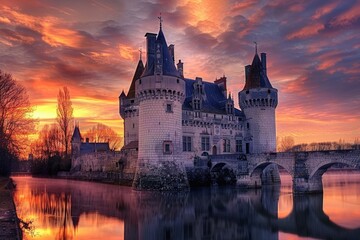 Obraz premium Chateau France. Historical Tower of Sully-sur-Loire Castle in Loire Valley