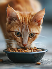 A cat is eating food from a bowl