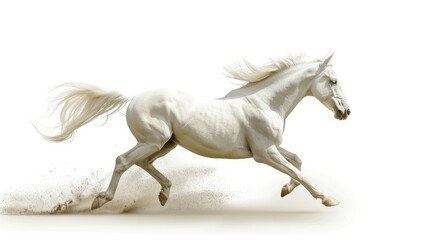 Horse Galloping. White Arabian Horse Running with Power in Isolated White Background