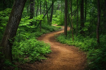 Fototapeta premium Path Through Woods. Forest Trail with Curving Dirt Path and Green Trees