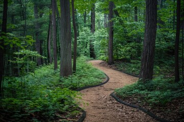 Path Through Woods. Forest Trail with Curving Dirt Path in Green and Brown Tones