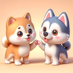 cute shiba inu dog and husky dog high five cartoon 3d Generative AI