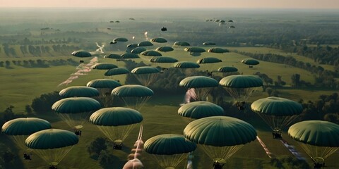 seamless background featuring repetitive silhouettes of parachute canopies, gently descending in various shades of military green, capturing the essence of airborne operations and training exercises